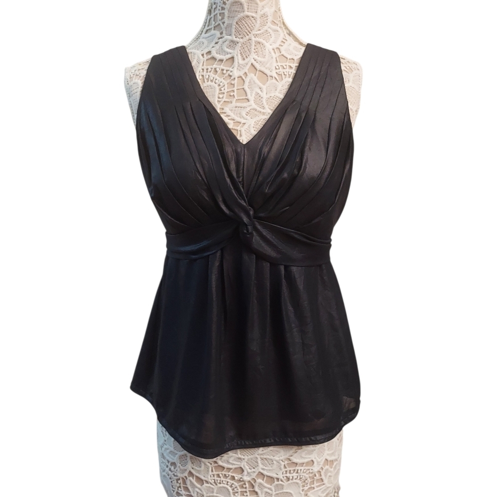 HUDSON STUDIO Black Retro Satin Twist Front VNeck Sleeveless Pullover Top M